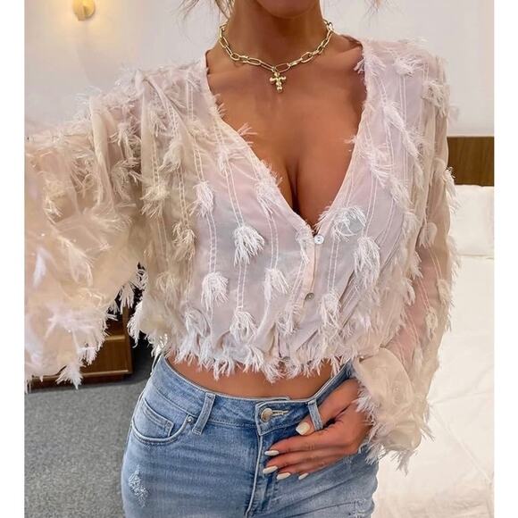 Spoon Jeans Dusty Pink Fringe Embellished Chiffon V Neck Blouse 2X NWT - Picture 1 of 9